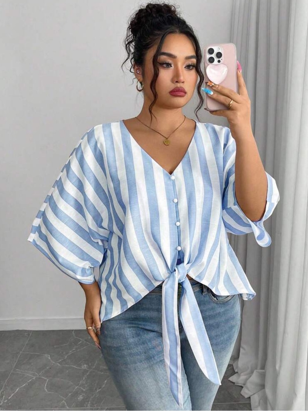 Elenzga Plus Size V-Neck Blue And White Striped Shirt,Loose Tie Front Top